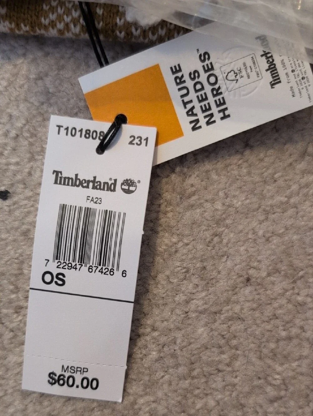 Timberland Cream and Tan Knit Scarf with Branded Tag